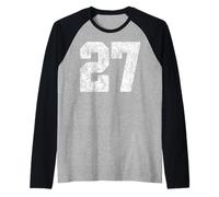 Distressed White Number 27 Jersey Player Uniform #27 Grunge Raglan Baseball Tee