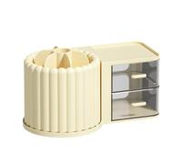 Disttocate Makeup Brush Holder Organizer with 2 Drawers,360° Rotating Makeup Organizer Countertop,Capacity Display Case Cream Color