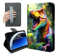 DISUOFEART 360 Rotating Case for 6.8" Kindle Paperwhite (11th Gen 2021), PU Leather Stand with Hand Strap, Auto Wake/Sleep, Colorful T-Rex in Jungle