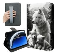 DISUOFEART 360 Rotating Case for Fire 7 Tablet (12th Gen 2022), PU Leather Stand with Hand Strap, Auto Wake/Sleep, White Wolf & Pups in Snowy Mountains