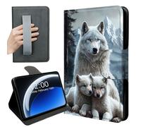 DISUOFEART 360 Rotating Case for Fire HD 10 Tablet (13th/11th Gen, 2023/2021 Release), PU Leather Stand with Hand Strap, Auto Wake/Sleep, White Wolf & Pups in Mountain Snow