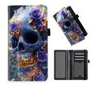 DISUOFEART Checkbook Cover for Men & Women, RFID Blocking Checkbook Holder Wallet for Personal Checks, Durable Leather Check Book Cover with Elastic Strap-26, Skull Purple Roses Gold Decor, Art Deco