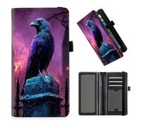 DISUOFEART Checkbook Cover for Men & Women, RFID Blocking Checkbook Holder Wallet for Personal Checks, Durable Leather Check Book Cover with Elastic Strap-24, Raven on Gatepost in Purple Haze, Art
