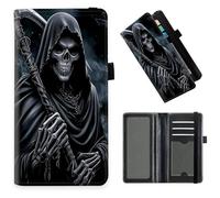 DISUOFEART Checkbook Cover for Men & Women, RFID Blocking Checkbook Holder Wallet for Personal Checks, Durable Leather Check Book Cover with Elastic Strap-10, Skeleton with Scythe