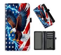 DISUOFEART Checkbook Cover for Men & Women, RFID Blocking Checkbook Holder Wallet for Personal Checks, Durable Leather Check Book Cover with Elastic Strap-11, Eagle & American Flag, Art Deco