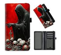 DISUOFEART Checkbook Cover for Men & Women, RFID Blocking Checkbook Holder Wallet for Personal Checks, Durable Leather Check Book Cover with Elastic Strap-16, Hooded Figure Among Bloodied Skulls, Art