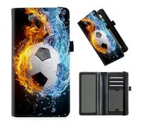 DISUOFEART Checkbook Cover for Men & Women, RFID Blocking Checkbook Holder Wallet for Personal Checks, Durable Leather Check Book Cover with Elastic Strap-10, Soccer Ball on Fire, Art Deco