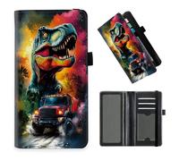 DISUOFEART Checkbook Cover for Men & Women, RFID Blocking Checkbook Holder Wallet for Personal Checks, Durable Leather Check Book Cover with Elastic Strap-23, Colorful T-Rex Chasing Red Truck, Art