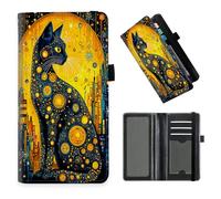 DISUOFEART Checkbook Cover for Men & Women, RFID Blocking Checkbook Holder Wallet for Personal Checks, Durable Leather Check Book Cover with Elastic Strap-10, Black Cat Adorned with Celestial, Art