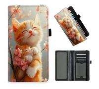 DISUOFEART Checkbook Cover for Men & Women, RFID Blocking Checkbook Holder Wallet for Personal Checks, Durable Leather Check Book Cover with Elastic Strap-24, Cat Napping on Cherry Blossom Branch, Art