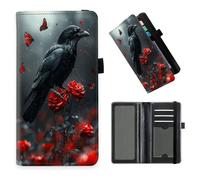 DISUOFEART Checkbook Cover for Men & Women, RFID Blocking Checkbook Holder Wallet for Personal Checks, Durable Leather Check Book Cover with Elastic Strap-27, Crow on Blood-Red Roses, Art Deco