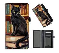DISUOFEART Checkbook Cover for Men & Women, RFID Blocking Checkbook Holder Wallet for Personal Checks, Durable Leather Check Book Cover with Elastic Strap-2, Black Cat in the Library, Art Deco
