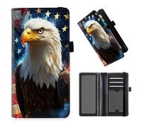 DISUOFEART Checkbook Cover for Men & Women, RFID Blocking Checkbook Holder Wallet for Personal Checks, Durable Leather Check Book Cover with Elastic Strap-28, Bald Eagle American Flag Background, Art