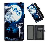 DISUOFEART Checkbook Cover for Men & Women, RFID Blocking Checkbook Holder Wallet for Personal Checks, Durable Leather Check Book Cover with Elastic Strap-10, Two Wolves Howling at the Moon, Art Deco