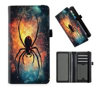 DISUOFEART Checkbook Cover for Men & Women, RFID Blocking Checkbook Holder Wallet for Personal Checks, Durable Leather Check Book Cover with Elastic Strap-18, Spider in Fiery Cosmic Web, Art Deco