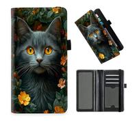 DISUOFEART Checkbook Cover for Men & Women, RFID Blocking Checkbook Holder Wallet for Personal Checks, Durable Leather Check Book Cover with Elastic Strap-15, Grey Cat in Floral Greenery, Art Deco