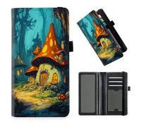 DISUOFEART Checkbook Cover for Men & Women, RFID Blocking Checkbook Holder Wallet for Personal Checks, Durable Leather Check Book Cover with Elastic Strap-7, Mushroom Houses in the Forest, Art Deco