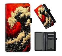 DISUOFEART Checkbook Cover for Men & Women, RFID Blocking Checkbook Holder Wallet for Personal Checks, Durable Leather Check Book Cover with Elastic Strap-18, Red Wave in Fiery Sky, Art Deco