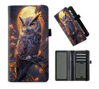 DISUOFEART Checkbook Cover for Men & Women, RFID Blocking Checkbook Holder Wallet for Personal Checks, Durable Leather Check Book Cover with Elastic Strap-24, Owl Perched Under Full Golden Moon, Art