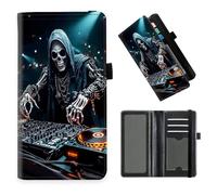 DISUOFEART Checkbook Cover for Men & Women, RFID Blocking Checkbook Holder Wallet for Personal Checks, Durable Leather Check Book Cover with Elastic Strap-7, Skeleton DJ in the Club