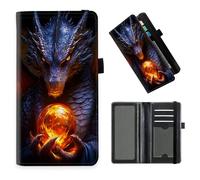 DISUOFEART Checkbook Cover for Men & Women, RFID Blocking Checkbook Holder Wallet for Personal Checks, Durable Leather Check Book Cover with Elastic Strap-23, Dragon Clutching Flaming Orb, Art Deco