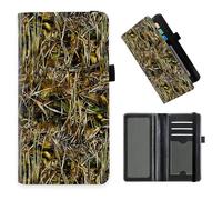 DISUOFEART Checkbook Cover for Men & Women, RFID Blocking Checkbook Holder Wallet for Personal Checks, Durable Leather Check Book Cover with Elastic Strap-3, Camouflage with Reed and Grass, Art Deco