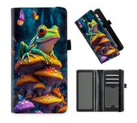 DISUOFEART Checkbook Cover for Men & Women, RFID Blocking Checkbook Holder Wallet for Personal Checks, Durable Leather Check Book Cover with Elastic Strap-24, Frog on Colorful Mushrooms, Art Deco