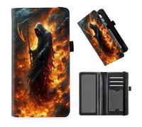 DISUOFEART Checkbook Cover for Men & Women, RFID Blocking Checkbook Holder Wallet for Personal Checks, Durable Leather Check Book Cover with Elastic Strap-21, Hooded Figure Scythe Fiery Realm, Art