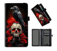DISUOFEART Checkbook Cover for Men & Women, RFID Blocking Checkbook Holder Wallet for Personal Checks, Durable Leather Check Book Cover with Elastic Strap-24, Raven on Skull with Red Flames, Art Deco