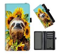 DISUOFEART Checkbook Cover for Men & Women, RFID Blocking Checkbook Holder Wallet for Personal Checks, Durable Leather Check Book Cover with Elastic Strap-7, Cute Sloth Hugging Sunflower, Art Deco