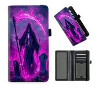 DISUOFEART Checkbook Cover for Men & Women, RFID Blocking Checkbook Holder Wallet for Personal Checks, Durable Leather Check Book Cover with Elastic Strap-10, Skeleton with Scythe Tombstones, Art Deco