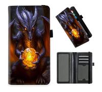 DISUOFEART Checkbook Cover for Men & Women, RFID Blocking Checkbook Holder Wallet for Personal Checks, Durable Leather Check Book Cover with Elastic Strap-18, Dragon Holding Glowing Orb, Art Deco