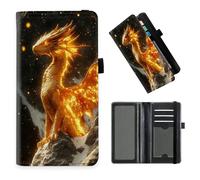 DISUOFEART Checkbook Cover for Men & Women, RFID Blocking Checkbook Holder Wallet for Personal Checks, Durable Leather Check Book Cover with Elastic Strap-28, Flame-Wreathed Golden Dragon, Art Deco