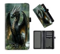 DISUOFEART Checkbook Cover for Men & Women, RFID Blocking Checkbook Holder Wallet for Personal Checks, Durable Leather Check Book Cover with Elastic Strap-24, Black & Gold Dragon on Mossy Rock, Art