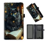 DISUOFEART Checkbook Cover for Men & Women, RFID Blocking Checkbook Holder Wallet for Personal Checks, Durable Leather Check Book Cover with Elastic Strap-29, Black Cat on Open Book by Candlelight