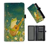 DISUOFEART Checkbook Cover for Men & Women, RFID Blocking Checkbook Holder Wallet for Personal Checks, Durable Leather Check Book Cover with Elastic Strap-4, Cute Frog Playing the Guitar, Art Deco