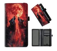 DISUOFEART Checkbook Cover for Men & Women, RFID Blocking Checkbook Holder Wallet for Personal Checks, Durable Leather Check Book Cover with Elastic Strap-19, Wolves Howling Under Red Moon, Art Deco