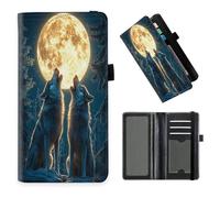 DISUOFEART Checkbook Cover for Men & Women, RFID Blocking Checkbook Holder Wallet for Personal Checks, Durable Leather Check Book Cover with Elastic Strap-17, Wolves Howling Under Giant Moon, Art Deco