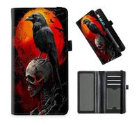 DISUOFEART Checkbook Cover for Men & Women, RFID Blocking Checkbook Holder Wallet for Personal Checks, Durable Leather Check Book Cover with Elastic Strap-24, Raven on Bleeding Skull, Art Deco