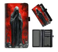 DISUOFEART Checkbook Cover for Men & Women, RFID Blocking Checkbook Holder Wallet for Personal Checks, Durable Leather Check Book Cover with Elastic Strap-25, Hooded Figure Amid Skulls & Red Sky, Art