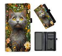 DISUOFEART Checkbook Cover for Men & Women, RFID Blocking Checkbook Holder Wallet for Personal Checks, Durable Leather Check Book Cover with Elastic Strap-16, Grey Cat in Wildflower Meadow, Art Deco