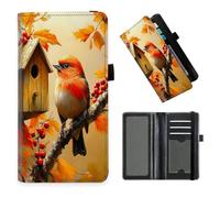 DISUOFEART Checkbook Cover for Men & Women, RFID Blocking Checkbook Holder Wallet for Personal Checks, Durable Leather Check Book Cover with Elastic Strap-18, Red Bird by Birdhouse in Autumn, Art Deco