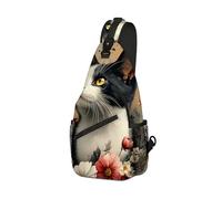 DISUOFEART Crossbody Sling Bag with Graphic Prints, Large Capacity Shoulder Backpack, Black & White Cat Surrounded by Flowers Travel Chest Bag for Women & Men