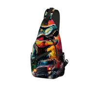 DISUOFEART Crossbody Sling Bag with Graphic Prints, Large Capacity Shoulder Backpack, Colorful T-Rex Chasing Red Truck Travel Chest Bag for Women & Men