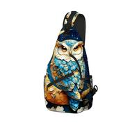 DISUOFEART Crossbody Sling Bag with Graphic Prints, Large Capacity Shoulder Backpack, Travel Chest Bag for Women & Men-14, Owl on Golden Crescent Moon With Flowers, 19.7" × 9.5" × 3.5", Art Deco