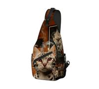 DISUOFEART Crossbody Sling Bag with Graphic Prints, Large Capacity Shoulder Backpack, Travel Chest Bag for Women & Men-22, Smokin' Bengal Cat in Cozy Room, 19.7" × 9.5" × 3.5", Art Deco