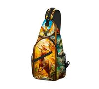DISUOFEART Crossbody Sling Bag with Graphic Prints, Large Capacity Shoulder Backpack, Travel Chest Bag for Women & Men-20, Dragon-dinosaur Stained Glass Panel, 19.7" × 9.5" × 3.5", Art Deco