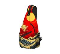 DISUOFEART Crossbody Sling Bag with Graphic Prints, Large Capacity Shoulder Backpack, Travel Chest Bag for Women & Men-22, Great Wave Under Red Sun, 19.7" × 9.5" × 3.5", Art Deco