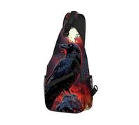DISUOFEART Crossbody Sling Bag with Graphic Prints, Large Capacity Shoulder Backpack, Travel Chest Bag for Women & Men-28, Raven on Skull Red Moon Snow, 19.7" × 9.5" × 3.5", Art Deco