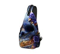 DISUOFEART Crossbody Sling Bag with Graphic Prints, Large Capacity Shoulder Backpack, Travel Chest Bag for Women & Men-26, Blue Skull Adorned With Purple Roses & Gold, 19.7" × 9.5" × 3.5", Art Deco